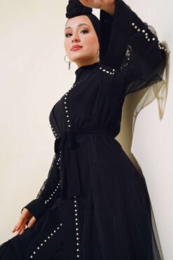 Vista alternativa di Stone Embellished Layered Tulle Abaya Black