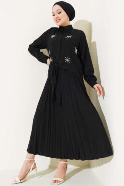 Beaded Front Tied Skirt Set Black