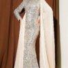 Embellished Cape Evening Dress Beige