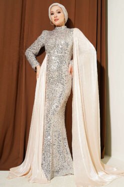 Embellished Cape Evening Dress Beige