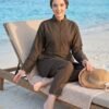 Stone Embellished Half-Zip Modest Three-Piece Swimsuit Khaki