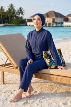 Stone Embellished Half-Zip Modest Three-Piece Swimsuit Navy Blue