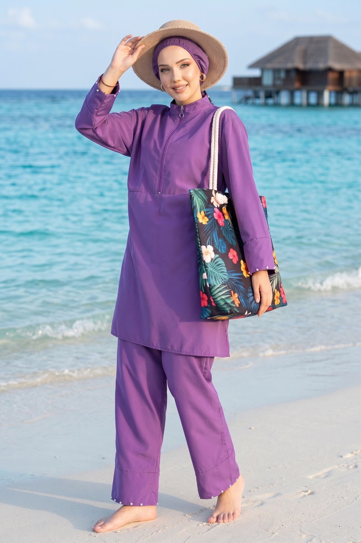 Stone Embellished Half-Zip Modest Three-Piece Swimsuit Purple all'ingrosso burkini view 2 - Hicabistan fabbrica Turchia