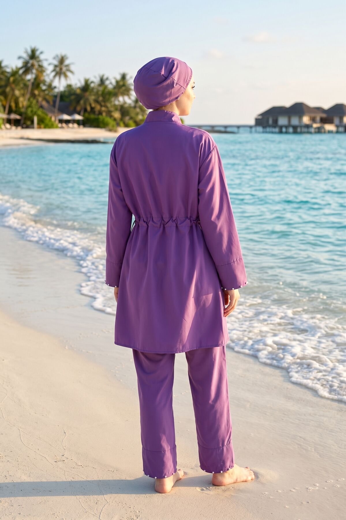 Stone Embellished Half-Zip Modest Three-Piece Swimsuit Purple all'ingrosso burkini view 3 - Hicabistan fabbrica Turchia