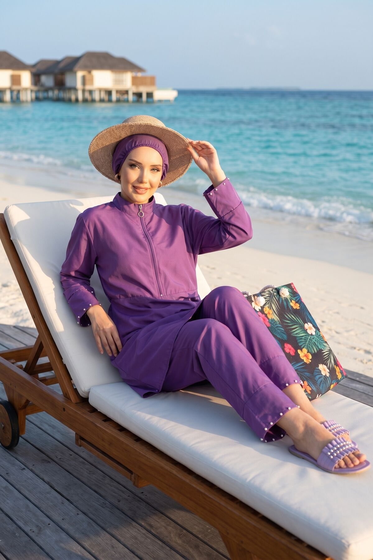 Stone Embellished Half-Zip Modest Three-Piece Swimsuit Purple all'ingrosso burkini - Hicabistan fabbrica Turchia
