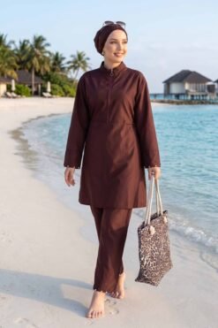 Stone Embellished Half-Zip Modest Three-Piece Swimsuit Plum