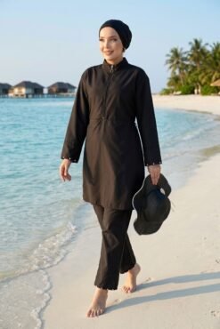 Stone Embellished Half-Zip Modest Three-Piece Swimsuit Black