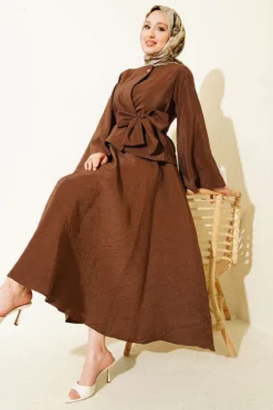 Single Button Belted Skirt Set Brown
