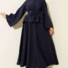 Single Button Belted Skirt Set Navy Blue
