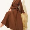 Shoulder Cape with Gold Button Two-Piece Set Brown wholesale clothing set view 6 - Hicabistan Turkey factory