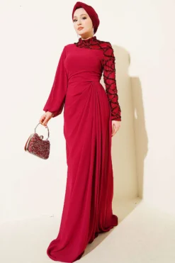 One-Shoulder Sequin Detail Evening Dress Burgundy Großhandel dress view 2 - Hicabistan Türkei Fabrik
