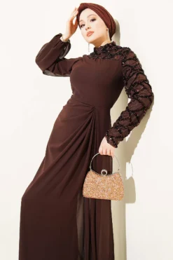 One-Shoulder Sequin Detail Evening Dress Brown Großhandel dress view 2 - Hicabistan Türkei Fabrik
