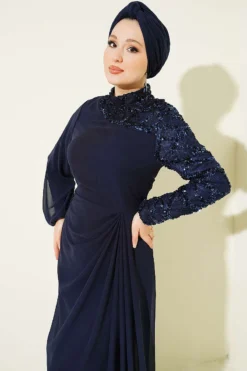 Alternative view of One-Shoulder Sequin Detail Evening Dress Navy Blue