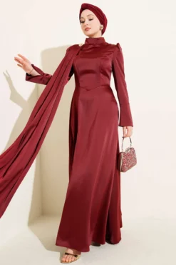 One-Shoulder Caped Satin Evening Dress Burgundy