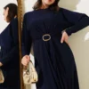 Belted Two-Piece Sandy Dress Navy Blue wholesale dress view 2 - Hicabistan Turkey factory