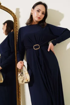 Belted Two-Piece Sandy Dress Navy Blue en gros dress view 2 - Hicabistan usine Turquie