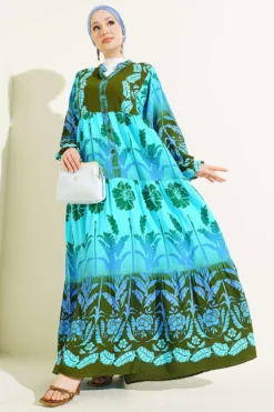 Tropical Pattern Half Button Dress Khaki