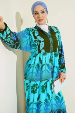 Vista alternativa di Tropical Pattern Half Button Dress Khaki