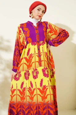 Vista alternativa di Tropical Pattern Half Button Dress Purple