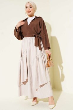 Three Ruffled Skirt Beige wholesale skirt view 2 - Hicabistan Turkey factory