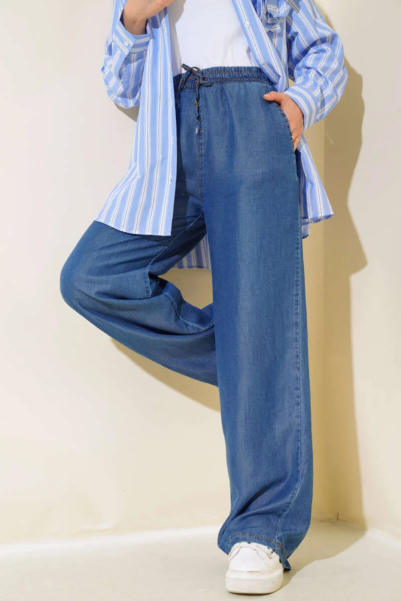 Baggy High-Waisted Denim Pants Dark Blue en gros pants view 2 - Hicabistan usine Turquie