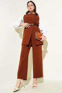 Long Vest with Belt Two-Piece Set Brown