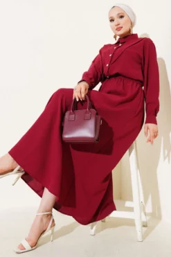 Alternative view of V Stitch Skirted Two-Piece Set Burgundy