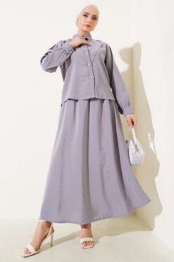 V Stitch Skirted Two-Piece Set Grey