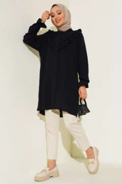 Alternative view of V Ruffle Shirt Black
