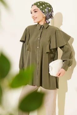 Ruffled Modal Oversized Shirt Khaki