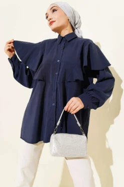 Ruffled Modal Oversized Shirt Navy Blue