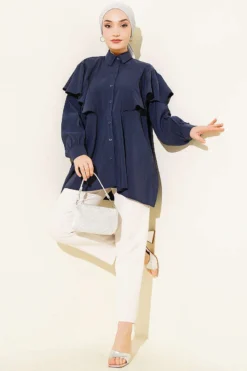 Alternative view of Ruffled Modal Oversized Shirt Navy Blue