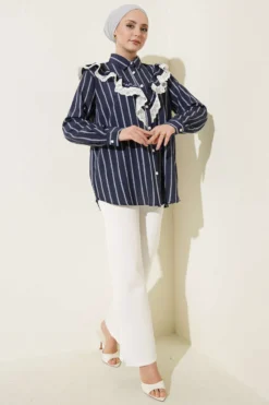 Alternative view of V Lace Striped Tunic Navy Blue