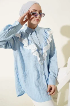 V Lace Striped Tunic Blue