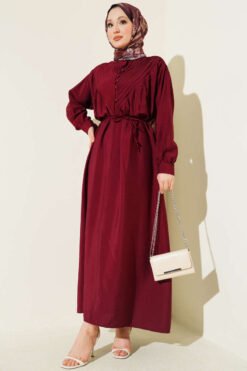 V Ribbed Button Modal Dress Burgundy