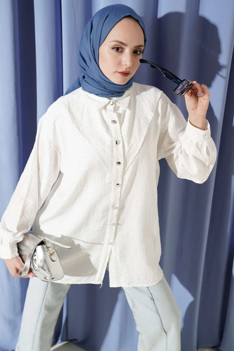 V Panel Stone Embellished Shirt Ecru wholesale shirt - Hicabistan Turkey factory