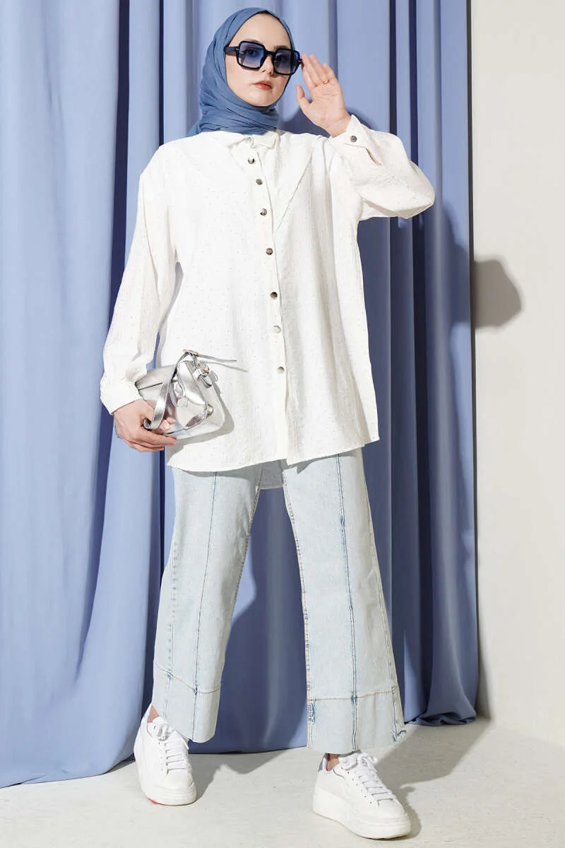 V Panel Stone Embellished Shirt Ecru wholesale shirt view 2 - Hicabistan Turkey factory