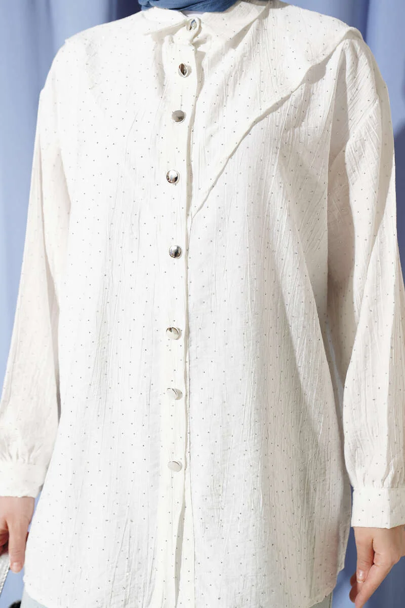 V Panel Stone Embellished Shirt Ecru wholesale shirt view 4 - Hicabistan Turkey factory