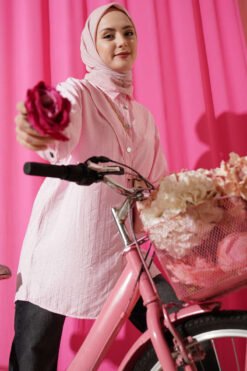 V Panel Stone Embellished Shirt Pink wholesale shirt - Hicabistan Turkey factory