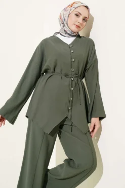 Alternative view of V Neck Buttoned Two-Piece Set Khaki