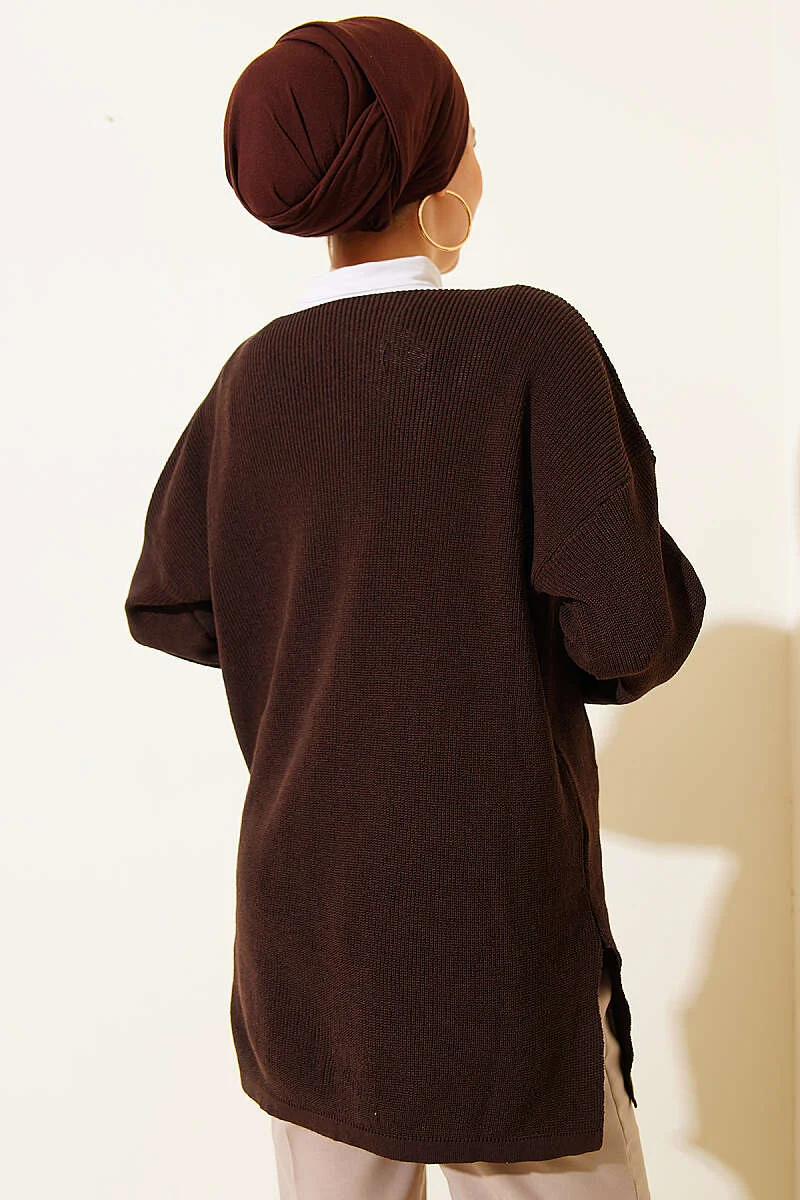 V-Neck Plain Knit Tunic Brown - Image 3