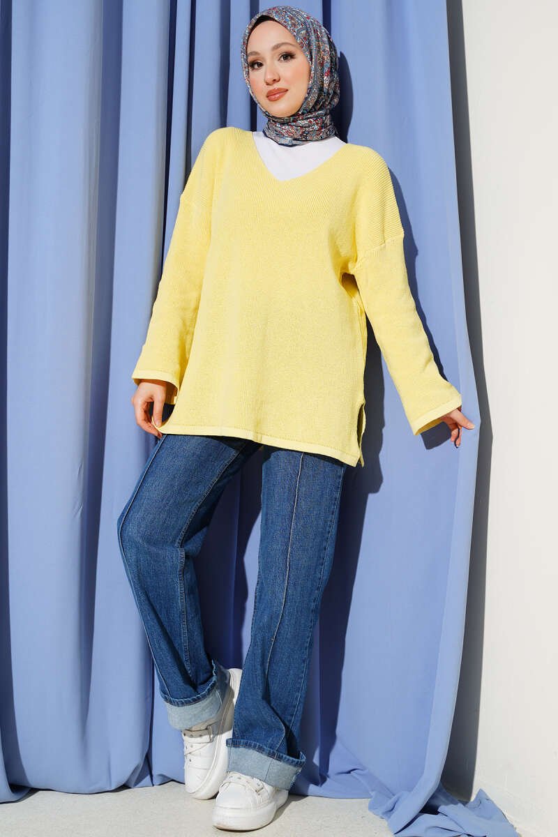 V-Neck Plain Knit Tunic Yellow – Image 2