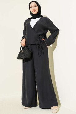 V Neck Tie Detail Two-Piece Set Anthracite all'ingrosso clothing set - Hicabistan fabbrica Turchia
