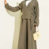V Neck Tie Detail Two-Piece Set Khaki