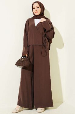 V Neck Tie Detail Two-Piece Set Brown all'ingrosso clothing set - Hicabistan fabbrica Turchia