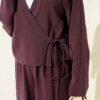 V Neck Tie Detail Two-Piece Set Plum wholesale clothing set view 4 - Hicabistan Turkey factory