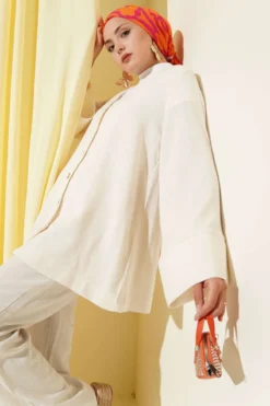 V Neck Loose Linen Shirt Beige