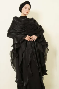 Ruffled Draped Evening Dress Black wholesale dress view 2 - Hicabistan Turkey factory