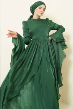 Ruffled Draped Evening Dress Emerald wholesale dress view 2 - Hicabistan Turkey factory