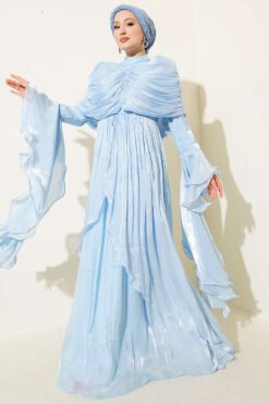 Ruffled Draped Evening Dress Baby Blue wholesale dress - Hicabistan Turkey factory